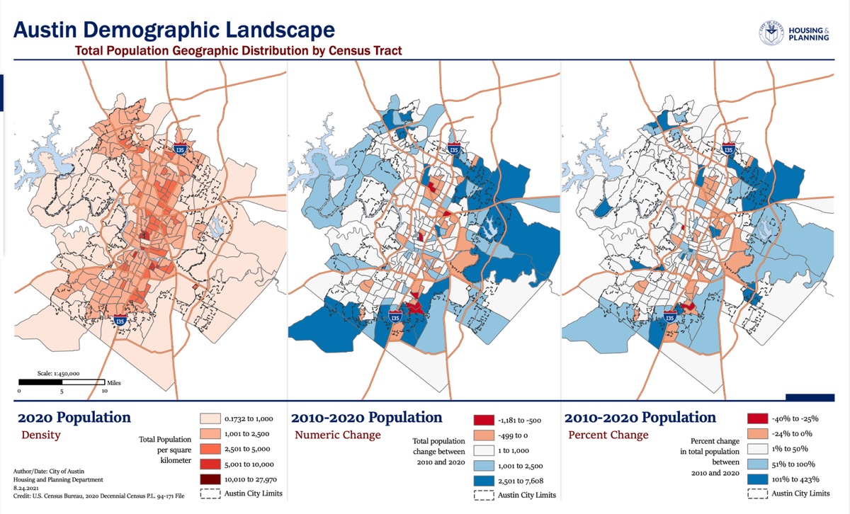 City of Austin maps of 2020 population density by census tract and population change from 2010 to 2020